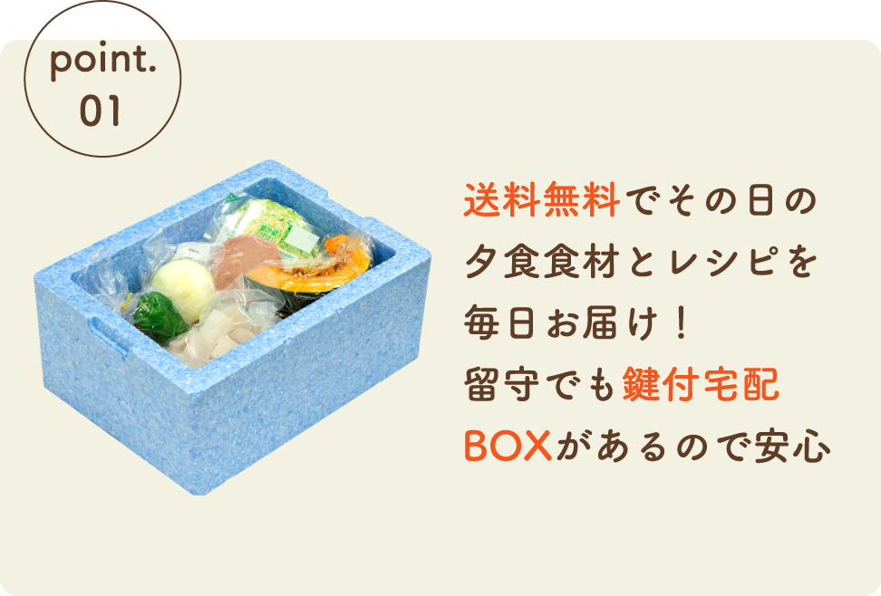 送料無料でその日の夕食食材とレシピを毎日お届け！留守でも鍵付宅配BOXがあるので安心