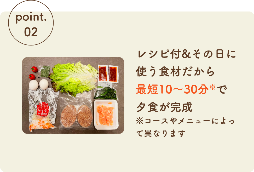 レシピ付&その日に使うa食材だから最短10〜30分※で夕食が完成※コースやメニューによって異なります