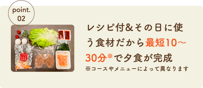 レシピ付&その日に使うa食材だから最短10〜30分※で夕食が完成※コースやメニューによって異なります